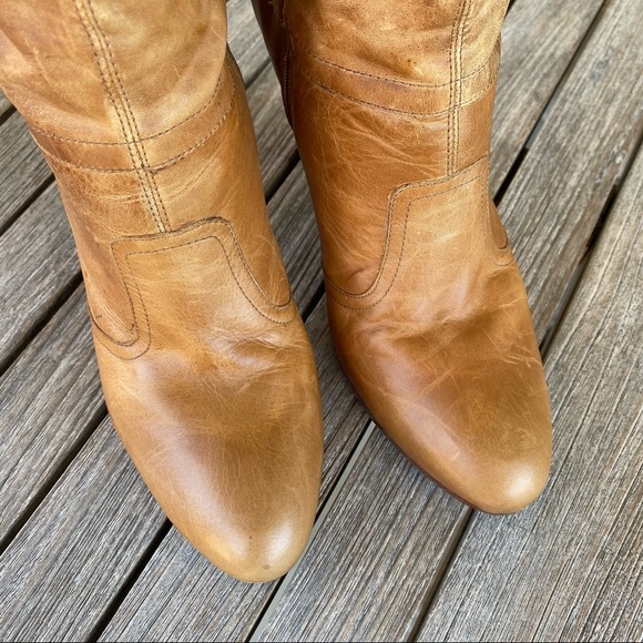 Jessica Simpson Distressed Leather Tall Boots Size 10 Stacked Heel Butterscotch - Picture 9 of 14